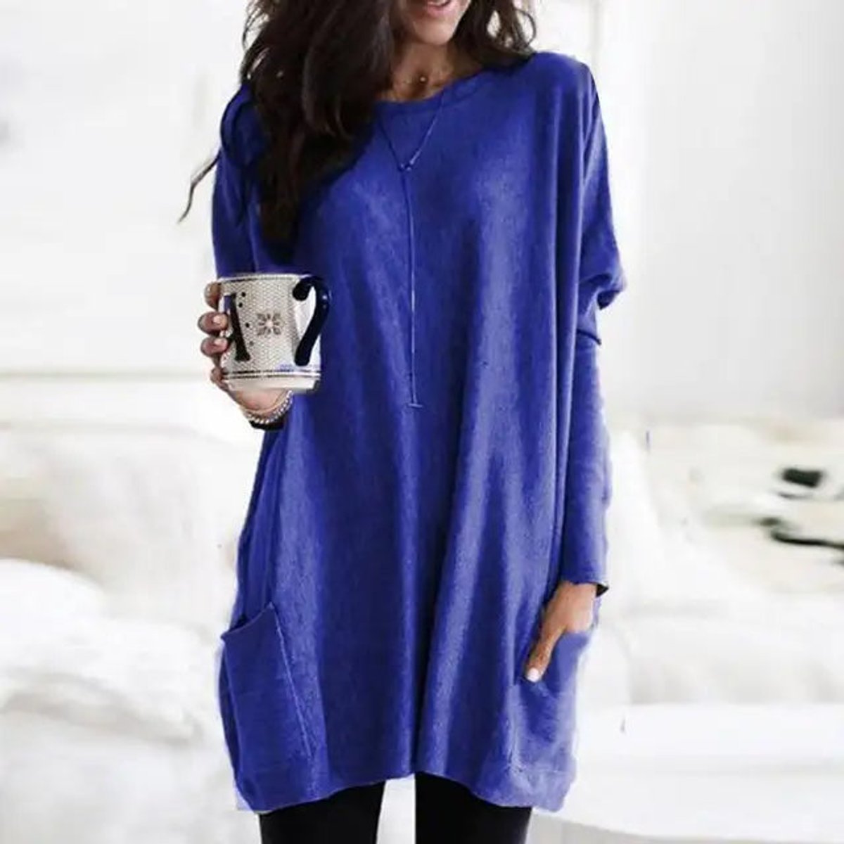 Comfortable Knit Tunic Sweater for Women with Round Neck Long Sleeve Oversized Pocket Relaxed Style
