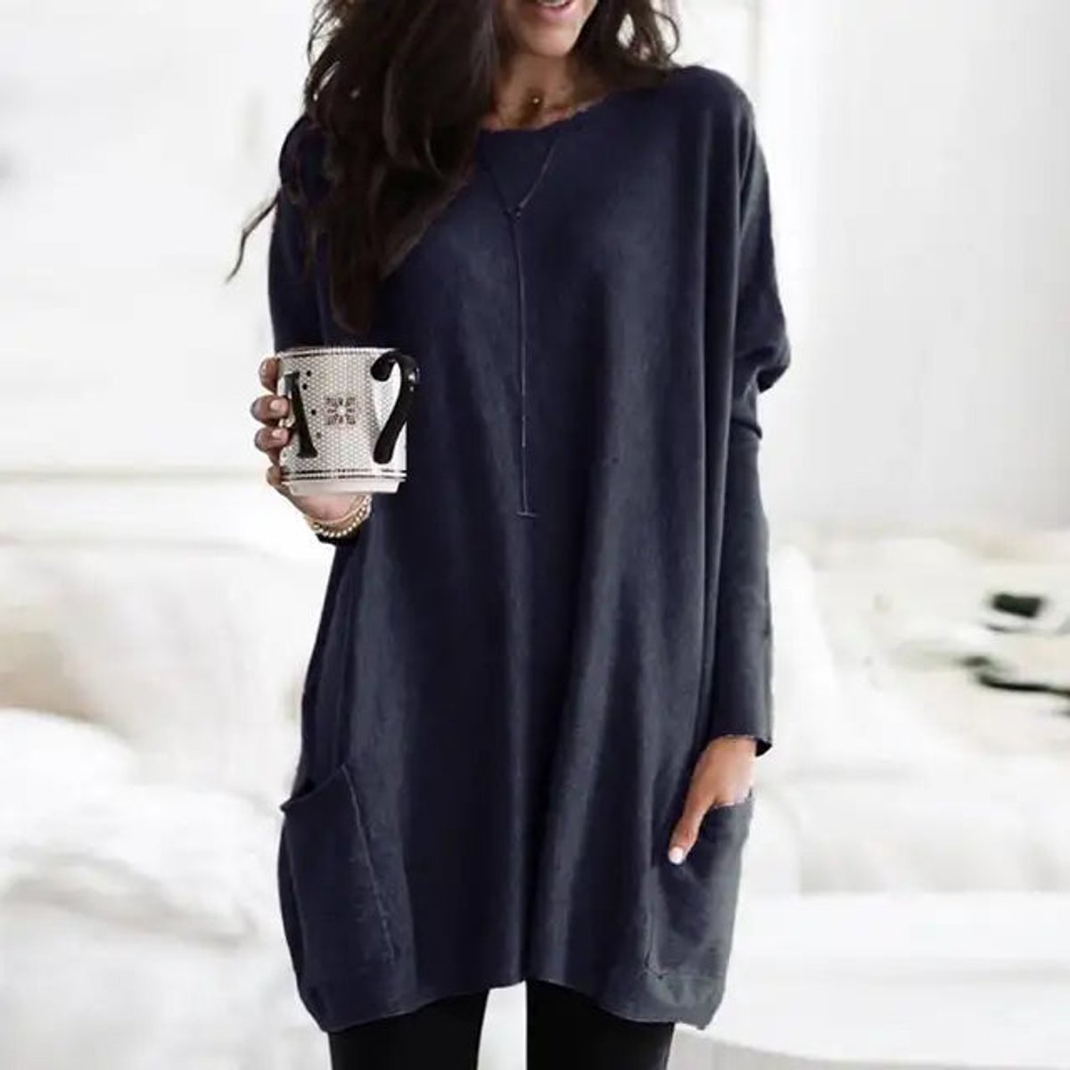 Comfortable Knit Tunic Sweater for Women with Round Neck Long Sleeve Oversized Pocket Relaxed Style