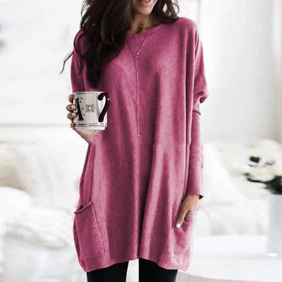 Comfortable Knit Tunic Sweater for Women with Round Neck Long Sleeve Oversized Pocket Relaxed Style