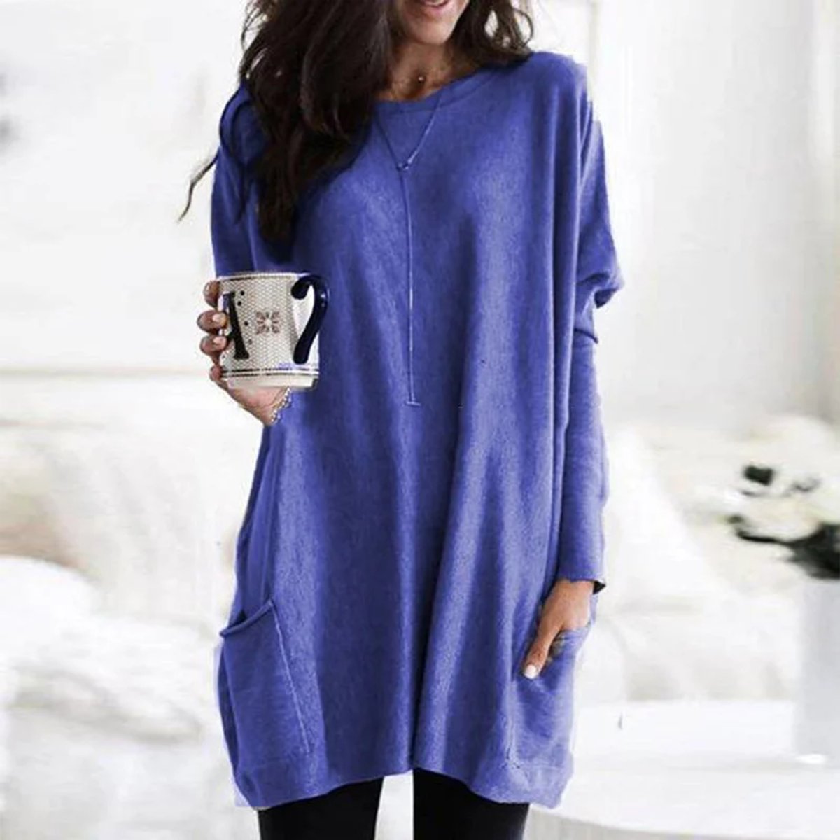 Comfortable Knit Tunic Sweater for Women with Round Neck Long Sleeve Oversized Pocket Relaxed Style
