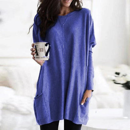 Comfortable Knit Tunic Sweater for Women with Round Neck Long Sleeve Oversized Pocket Relaxed Style