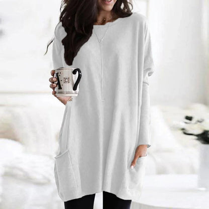 Comfortable Knit Tunic Sweater for Women with Round Neck Long Sleeve Oversized Pocket Relaxed Style