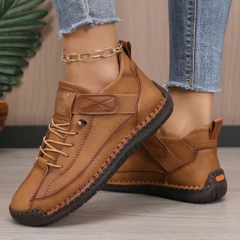 Effortless Leather Sneakers for Women with Lace Up Velcro Strap Hand Stitched Casual Style