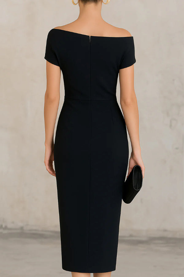 Elegant Draped Midi Dress for Women with Off Shoulder Cap Sleeve Ruched Wrap Bodycon Cocktail Style