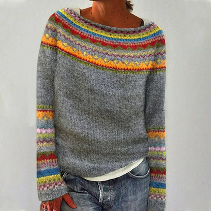 Comfortable Fair Isle Sweater for Women with Boat Neck Long Sleeve Relaxed Oversized Knit Style