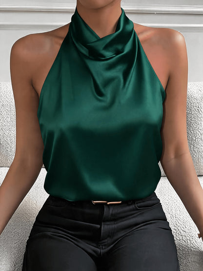 Elegant White Satin Blouse for Women with Cowl Neck Halter Draped Silky Style