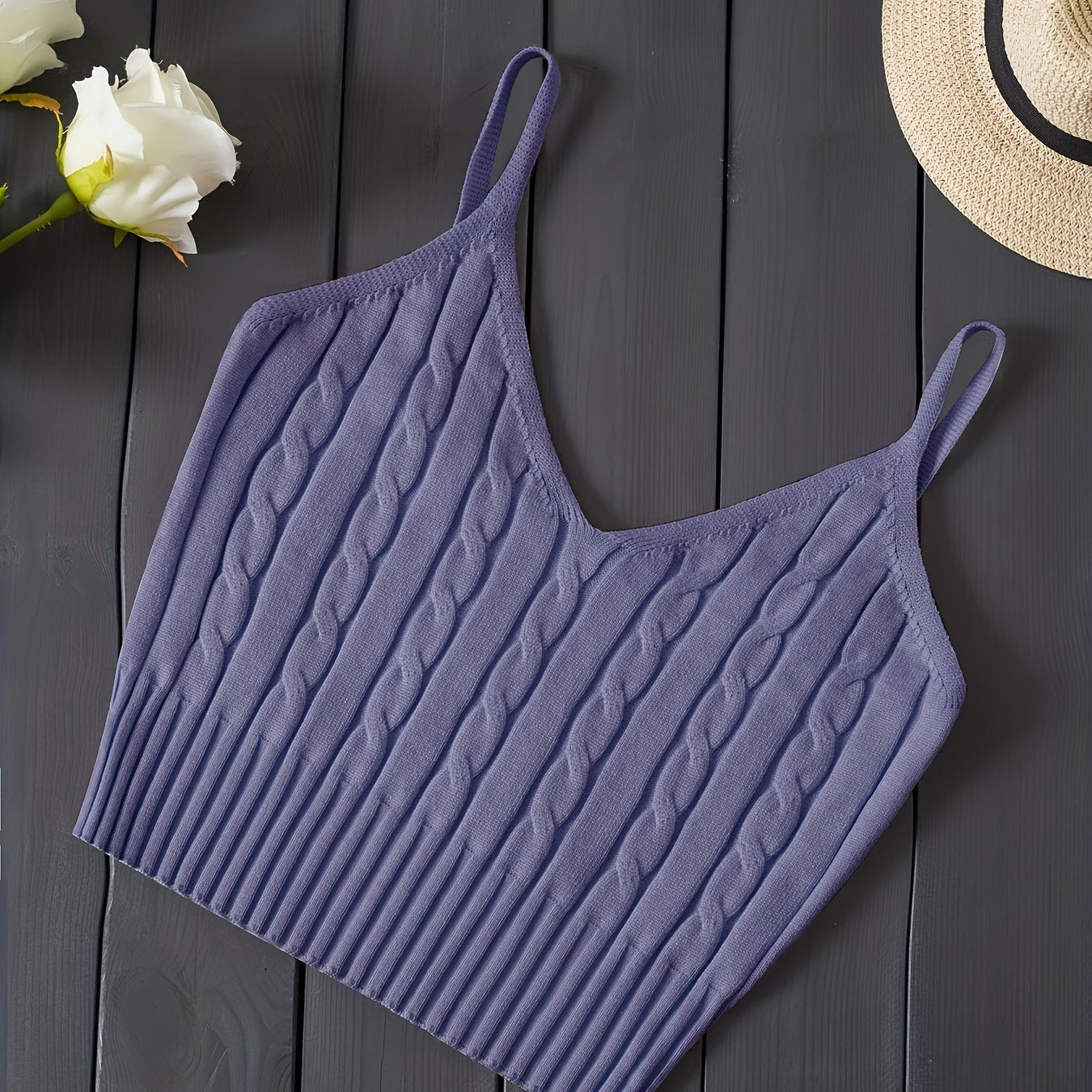 Comfortable Cable Knit Tank Top for Women with V Neck Sleeveless Ribbed Cropped Style