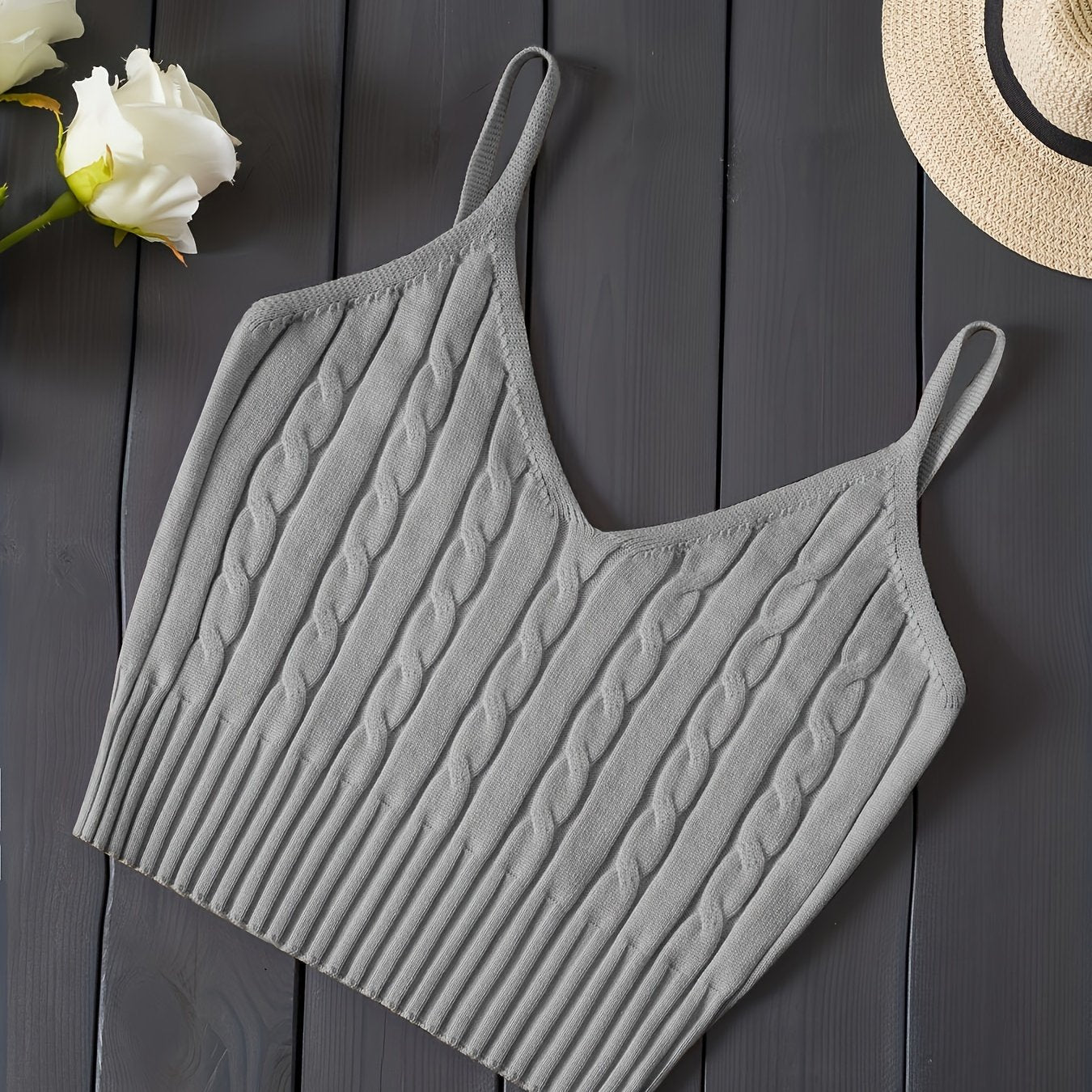 Comfortable Cable Knit Tank Top for Women with V Neck Sleeveless Ribbed Cropped Style