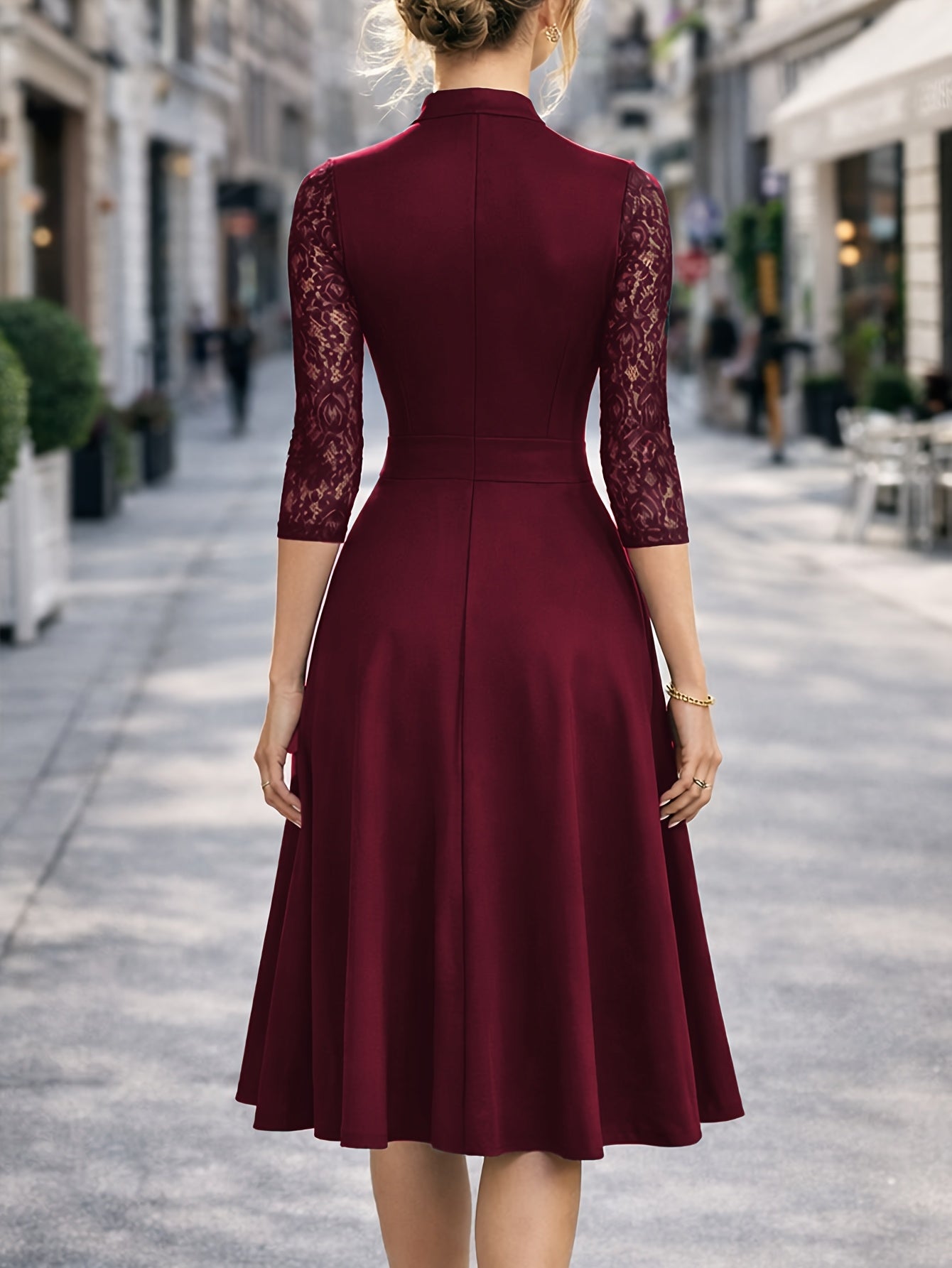 Elegant Lace Trim Midi Dress for Women with Notch V Neck Elbow Sleeve Fit and Flare Cocktail Style