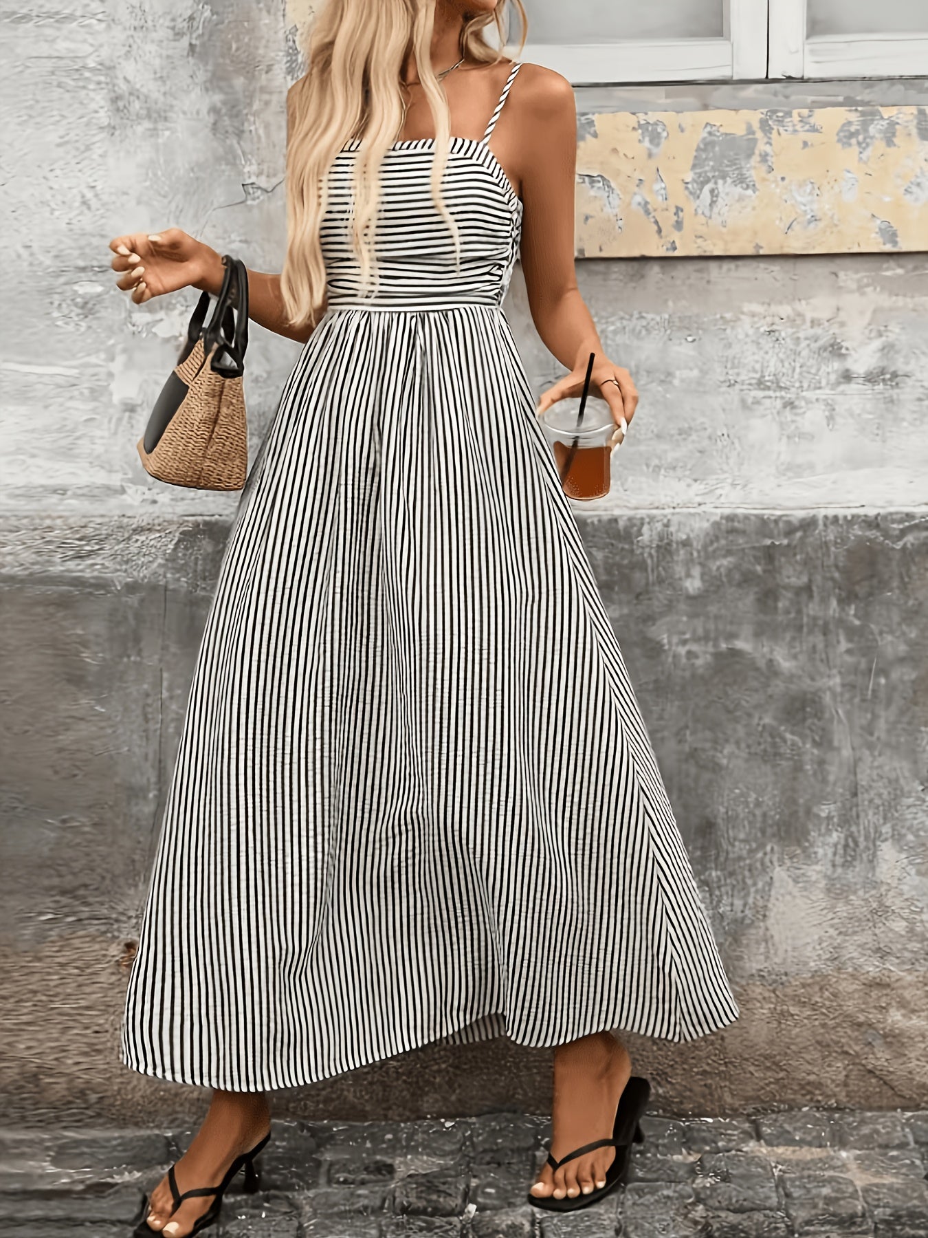 Elegant Black and White Striped Maxi Dress for Women with Square Neck Sleeveless Smocked High Low Style