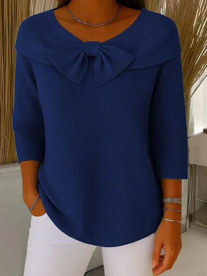 Comfortable Ribbed Knit Sweater for Women with Bow Neck Elbow Sleeve Foldover Collar Relaxed Style