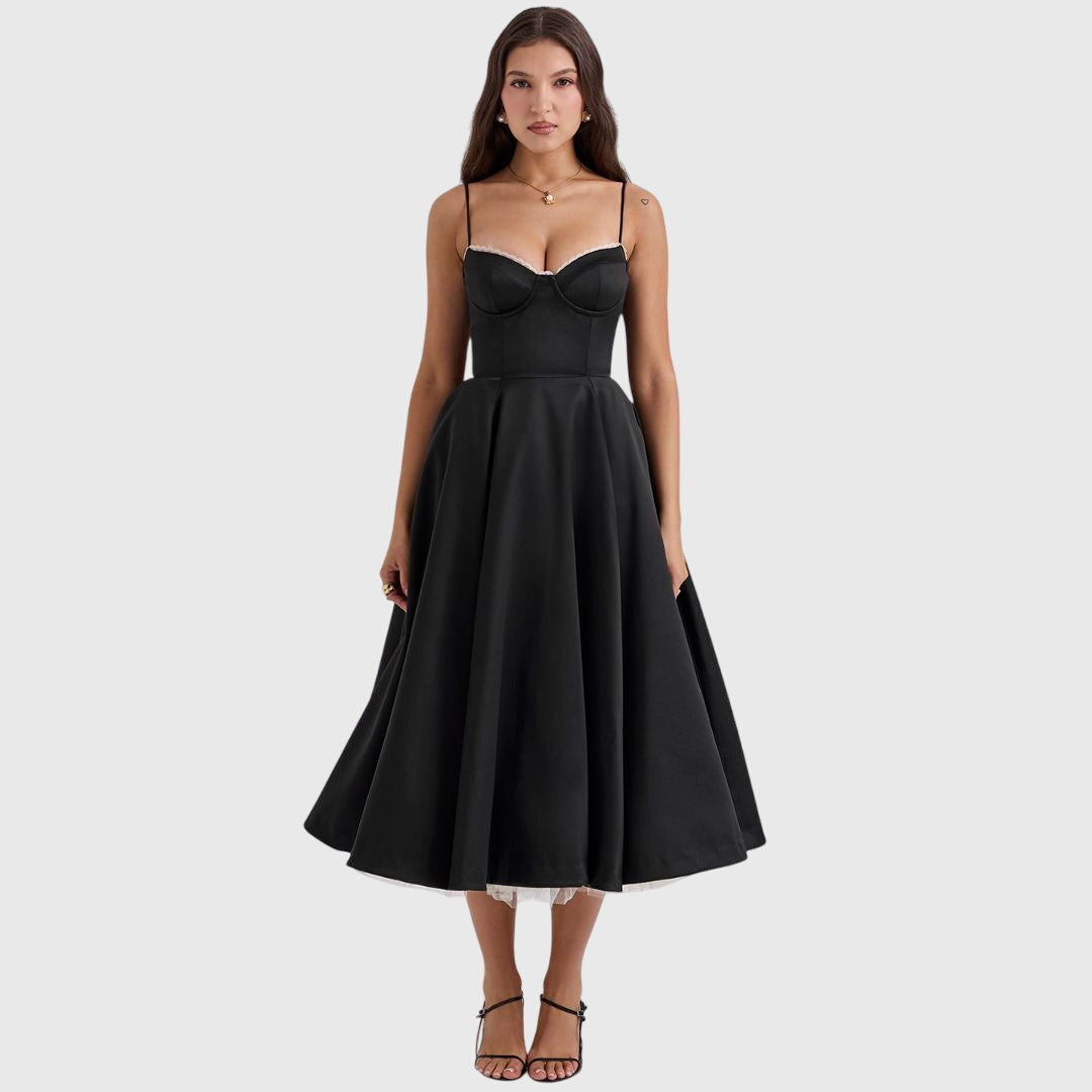 Elegant Strapless Midi Dress for Women with Sweetheart Neckline Full Skirt Formal Wedding Guest Style