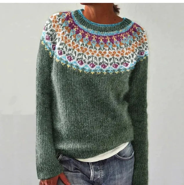 Comfortable Fair Isle Sweater for Women with Boat Neck Long Sleeve Relaxed Oversized Knit Style