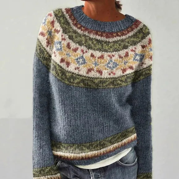 Comfortable Fair Isle Sweater for Women with Boat Neck Long Sleeve Relaxed Oversized Knit Style