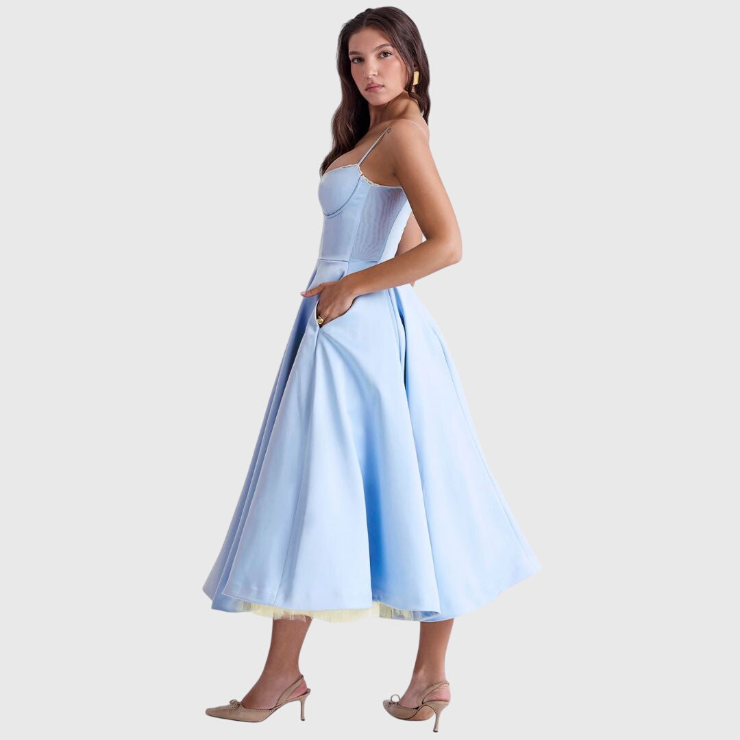 Elegant Strapless Midi Dress for Women with Sweetheart Neckline Full Skirt Formal Wedding Guest Style