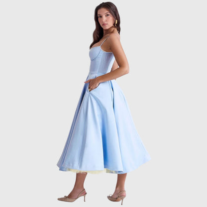 Elegant Strapless Midi Dress for Women with Sweetheart Neckline Full Skirt Formal Wedding Guest Style