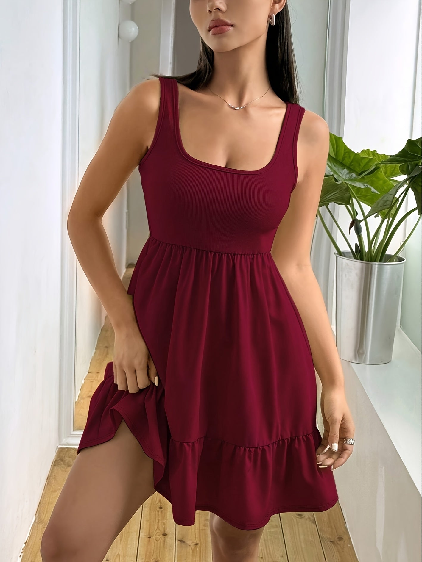 Effortless Ribbed Tiered Mini Dress for Women with Square Neck Sleeveless Smocked Waist Flowy Casual Style