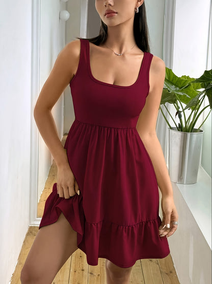 Effortless Ribbed Tiered Mini Dress for Women with Square Neck Sleeveless Smocked Waist Flowy Casual Style