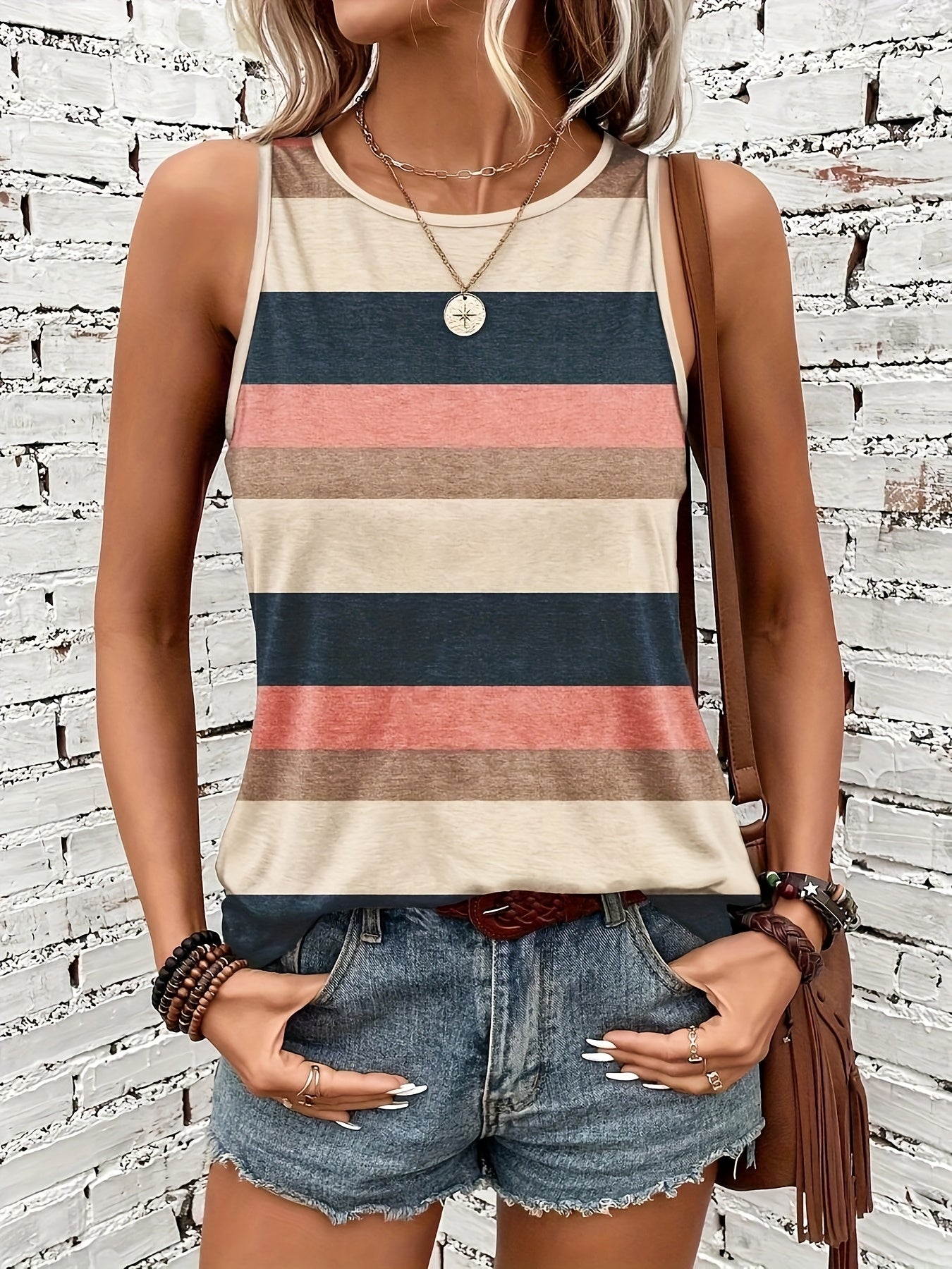 Effortless Multicolor Striped Tank Top for Women with Crew Neck Sleeveless Relaxed Casual Style