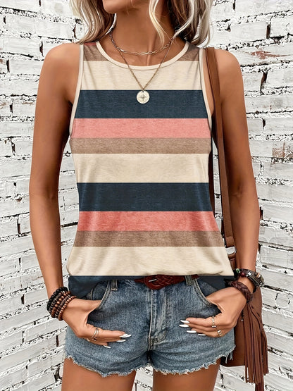 Effortless Multicolor Striped Tank Top for Women with Crew Neck Sleeveless Relaxed Casual Style