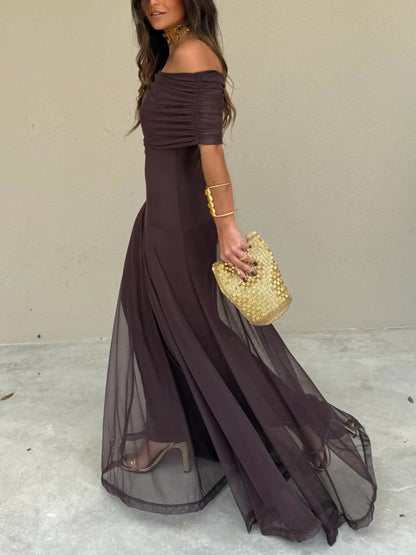 Elegant Sheer Mesh Maxi Dress for Women with Off Shoulder Short Sleeve Ruched Flowing Style
