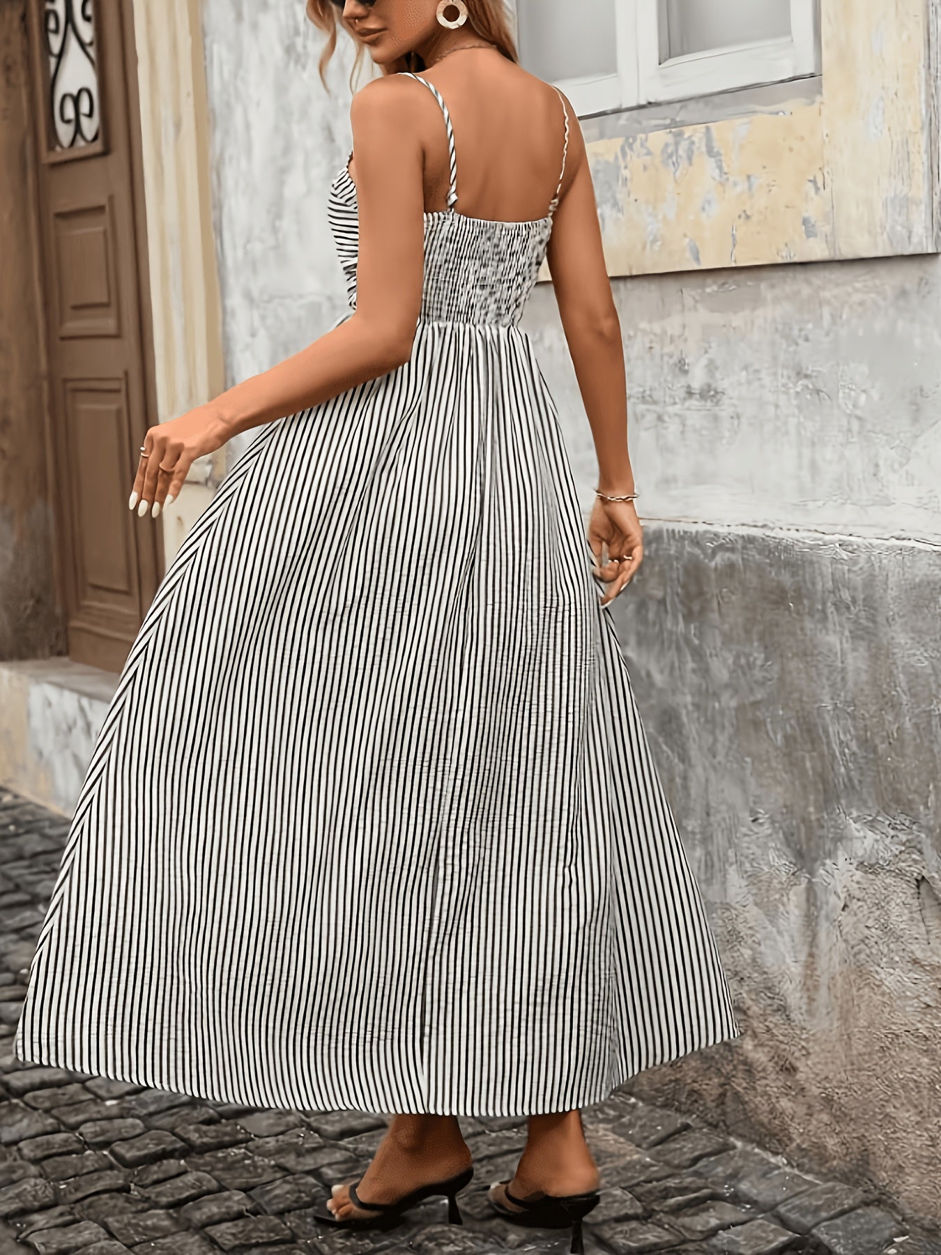 Elegant Black and White Striped Maxi Dress for Women with Square Neck Sleeveless Smocked High Low Style