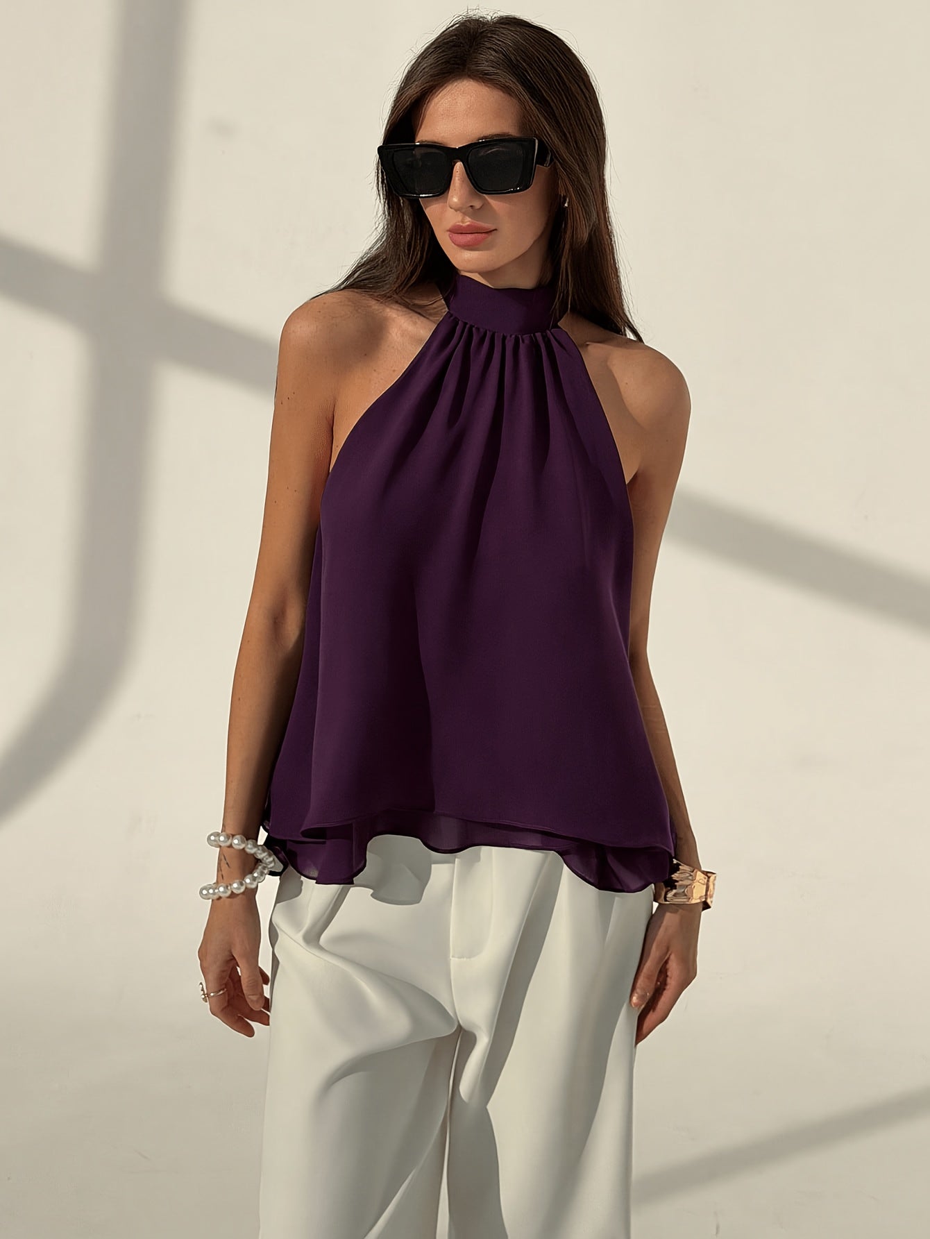 Elegant Purple Chiffon Halter Top for Women with High Neck Sleeveless Asymmetric Hem Flowing Style