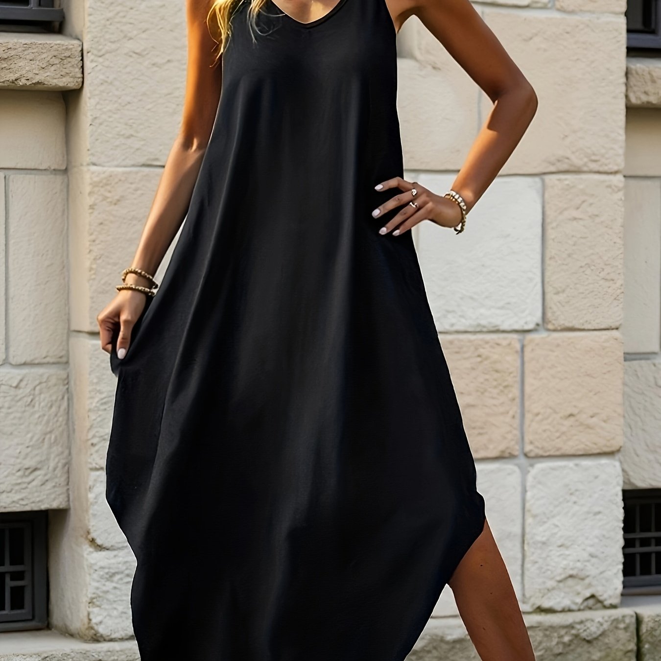 Effortless Black Maxi Dress for Women with V Neck Spaghetti Strap Cocoon Flowing Bohemian Style