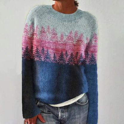 Comfortable Fair Isle Sweater for Women with Boat Neck Long Sleeve Relaxed Oversized Knit Style