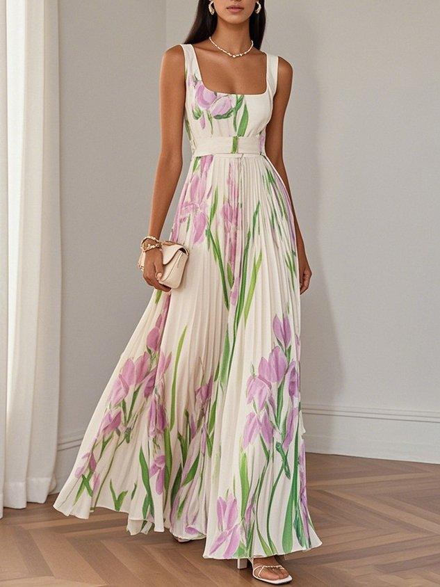 Elegant Floral Maxi Dress for Women with Square Neck Sleeveless Belted Pleated Flowing Style