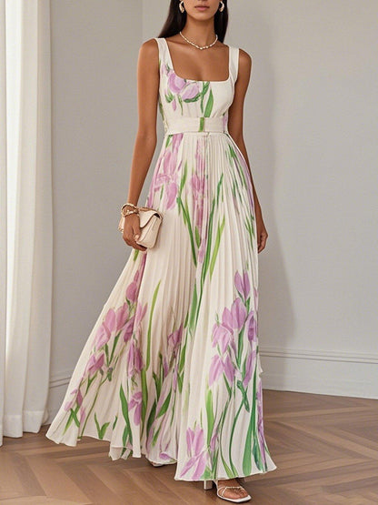 Elegant Floral Maxi Dress for Women with Square Neck Sleeveless Pleated Flowing Wedding Guest Style