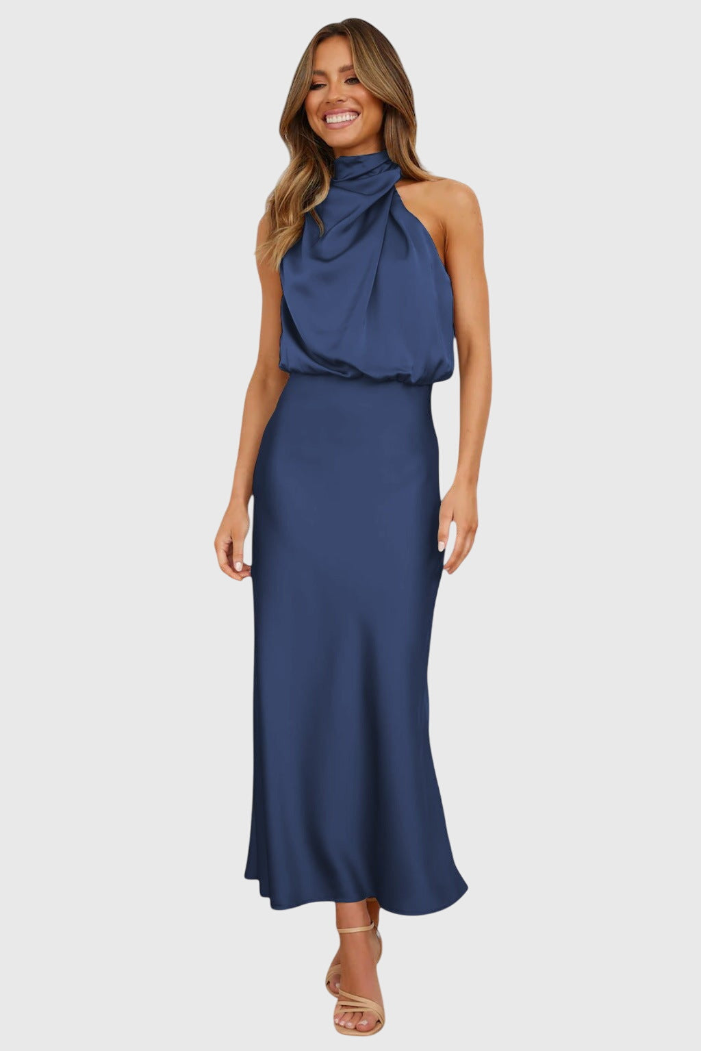 Elegant Satin Maxi Dress for Women with Halter Neck Cowl Draped Sleeveless Formal Wedding Guest Style