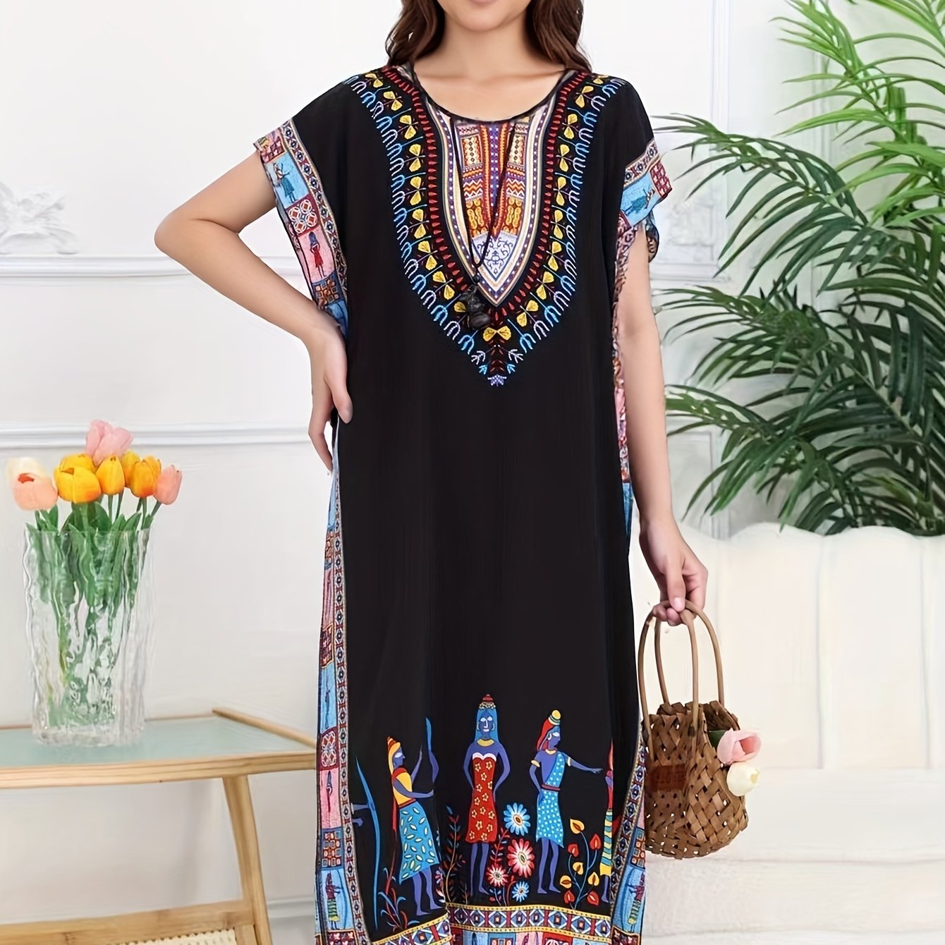 Effortless Dashiki Print Kaftan Dress for Women with V Neck Short Sleeve Relaxed Bohemian Style