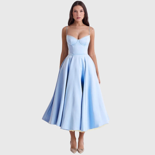 Elegant Strapless Midi Dress for Women with Sweetheart Neckline Full Skirt Formal Wedding Guest Style