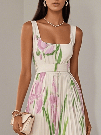 Elegant Floral Maxi Dress for Women with Square Neck Sleeveless Pleated Flowing Wedding Guest Style