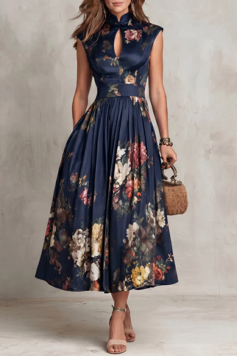 Elegant Floral Midi Dress for Women with High Keyhole Neck Sleeveless Pleated Flowing Formal Wedding Guest Style