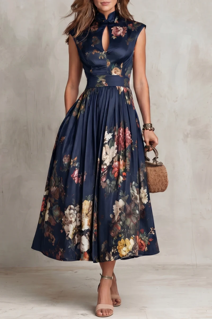 Elegant Floral Midi Dress for Women with High Keyhole Neck Sleeveless Pleated Flowing Formal Wedding Guest Style