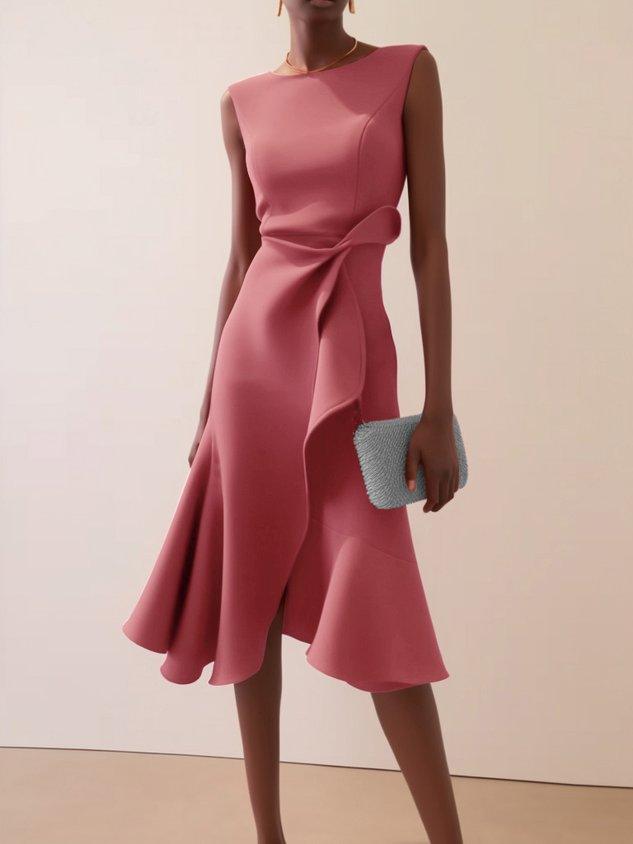 Elegant Draped Midi Dress for Women with Round Neck Sleeveless Asymmetrical Ruffle Flowing Style
