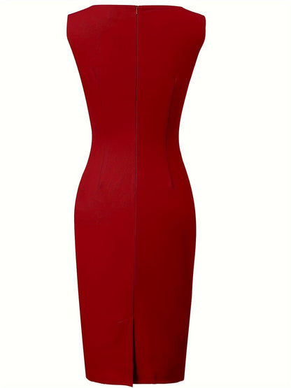 Elegant Contrast Piping Sheath Dress for Women with Split Neck Sleeveless Bodycon Crisscross Waist Cocktail Style