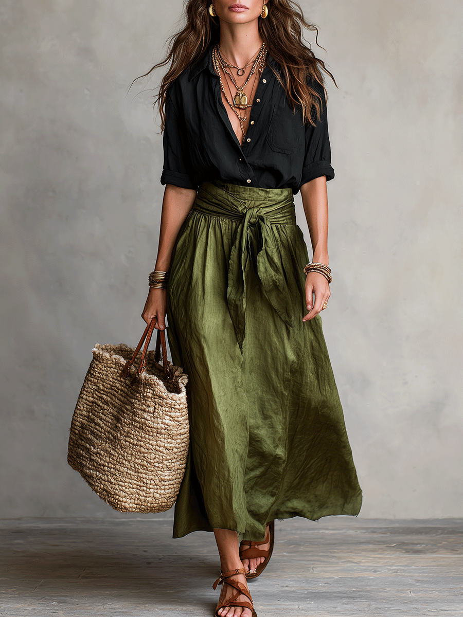 Effortless Linen Maxi Skirt Set for Women with Collar Long Sleeve Tie Waist Relaxed Two Piece Style