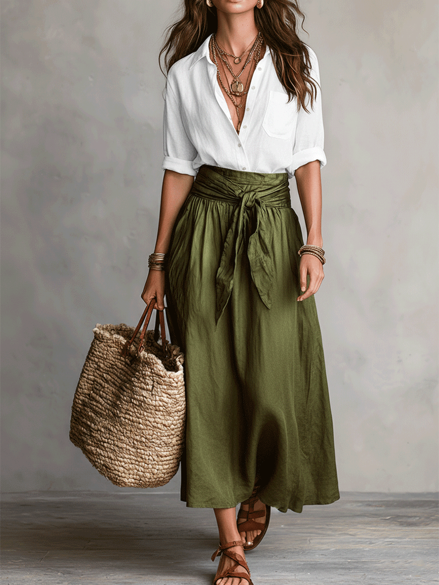 Effortless Linen Maxi Skirt Set for Women with Collar Long Sleeve Tie Waist Relaxed Two Piece Style
