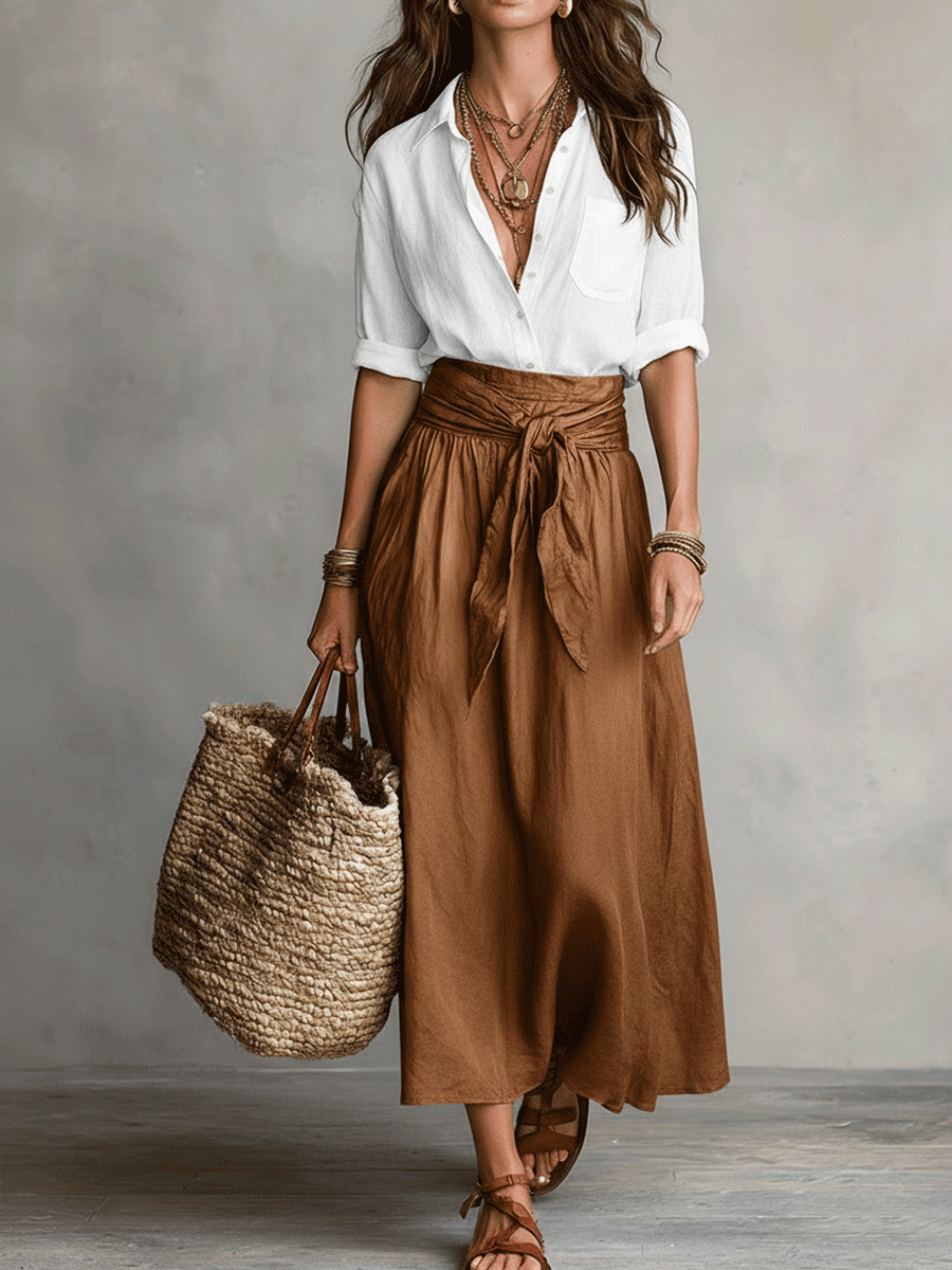 Effortless Linen Maxi Skirt Set for Women with Collar Long Sleeve Tie Waist Relaxed Two Piece Style