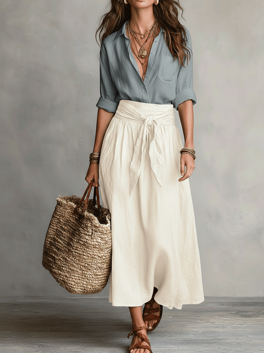 Effortless Linen Maxi Skirt Set for Women with Collar Long Sleeve Tie Waist Relaxed Two Piece Style