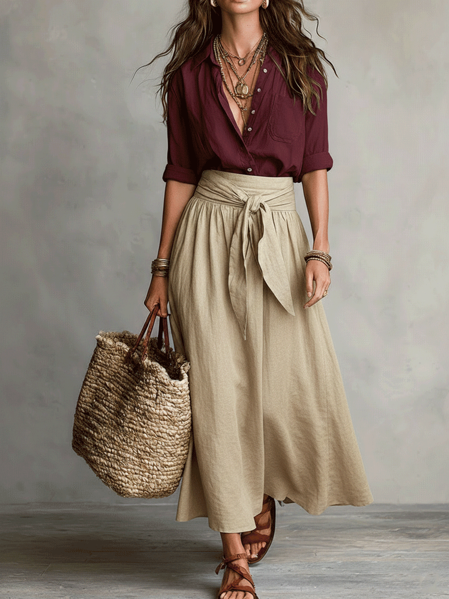 Effortless Linen Maxi Skirt Set for Women with Collar Long Sleeve Tie Waist Relaxed Two Piece Style