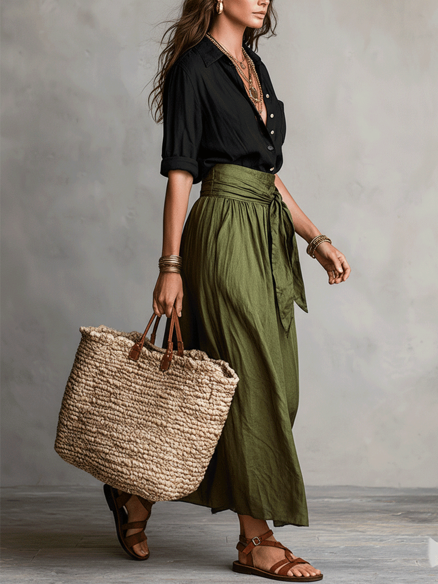 Effortless Linen Maxi Skirt Set for Women with Collar Long Sleeve Tie Waist Relaxed Two Piece Style