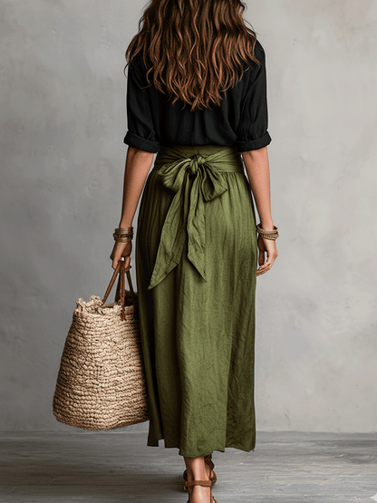 Effortless Linen Maxi Skirt Set for Women with Collar Long Sleeve Tie Waist Relaxed Two Piece Style