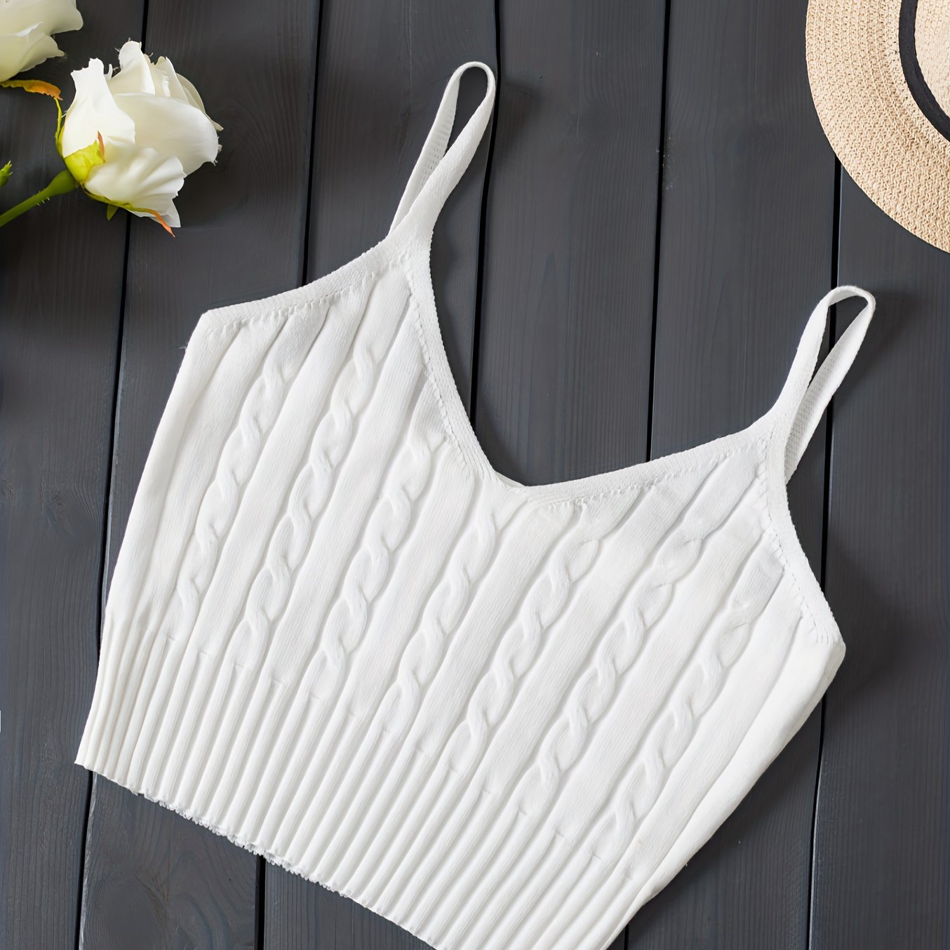 Comfortable Cable Knit Tank Top for Women with V Neck Sleeveless Ribbed Cropped Style