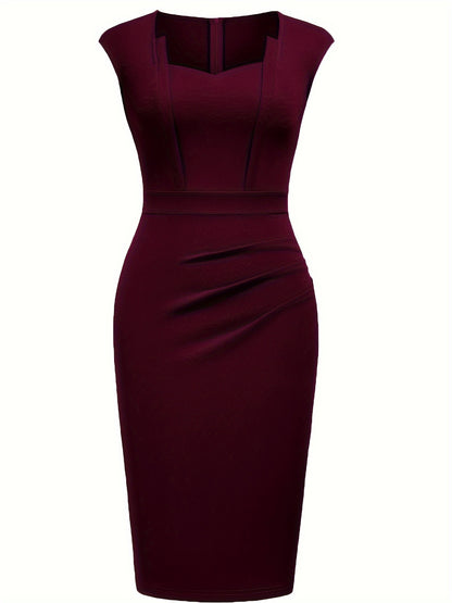Elegant Sheath Midi Dress for Women with Sweetheart Neckline Cap Sleeve Ruched Bodycon Work Style