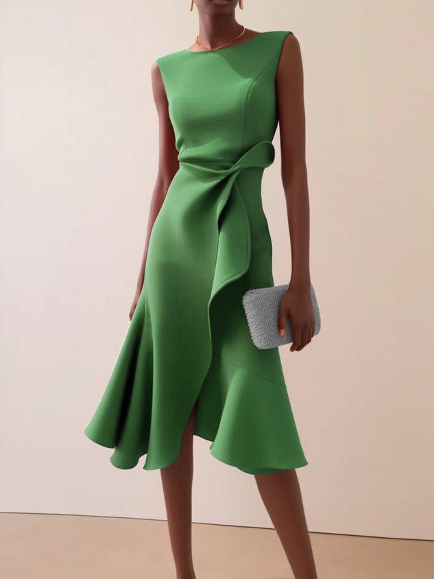 Elegant Draped Midi Dress for Women with Round Neck Sleeveless Asymmetrical Ruffle Flowing Style