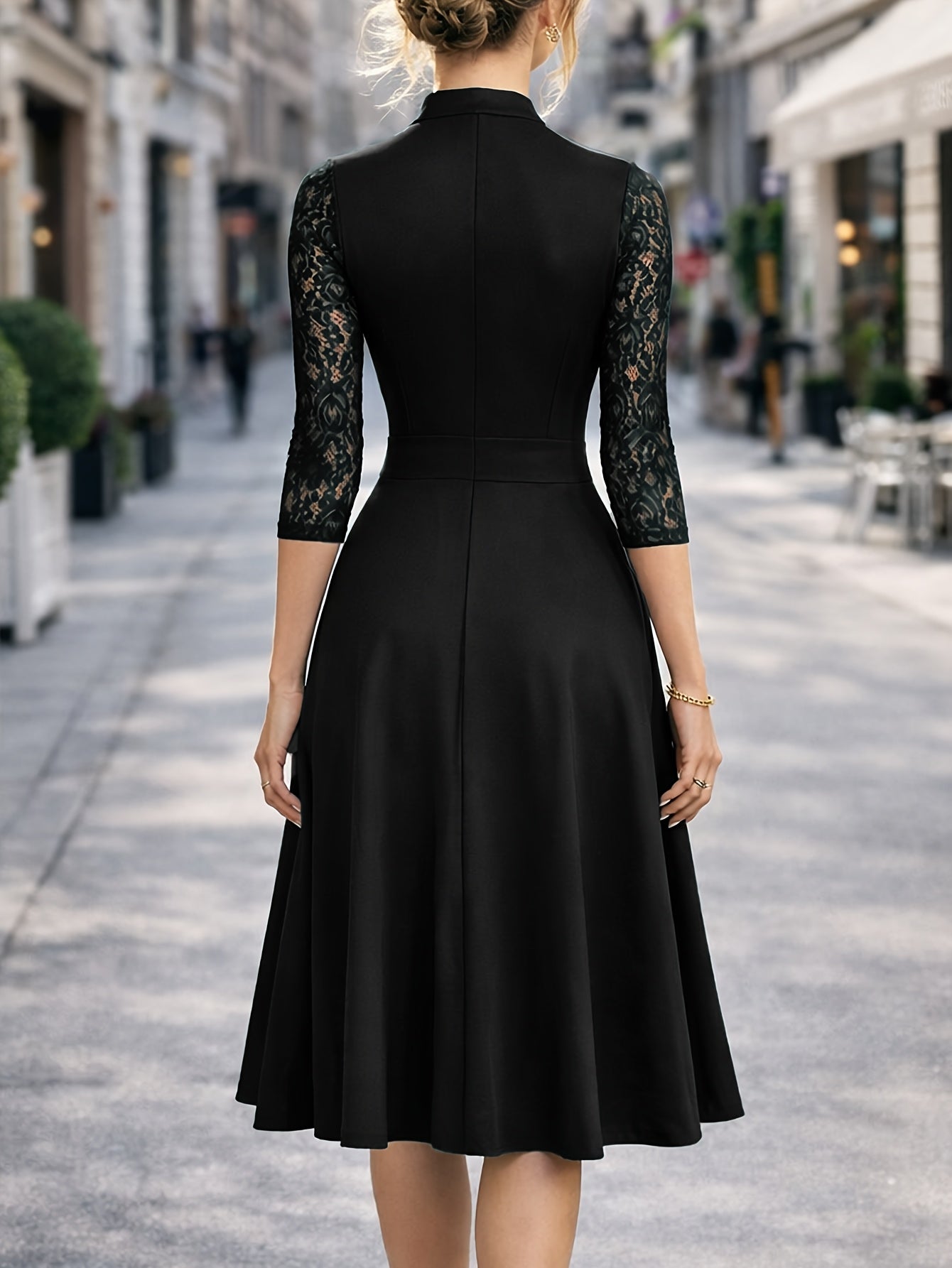 Elegant Lace Trim Midi Dress for Women with Notch V Neck Elbow Sleeve Fit and Flare Cocktail Style